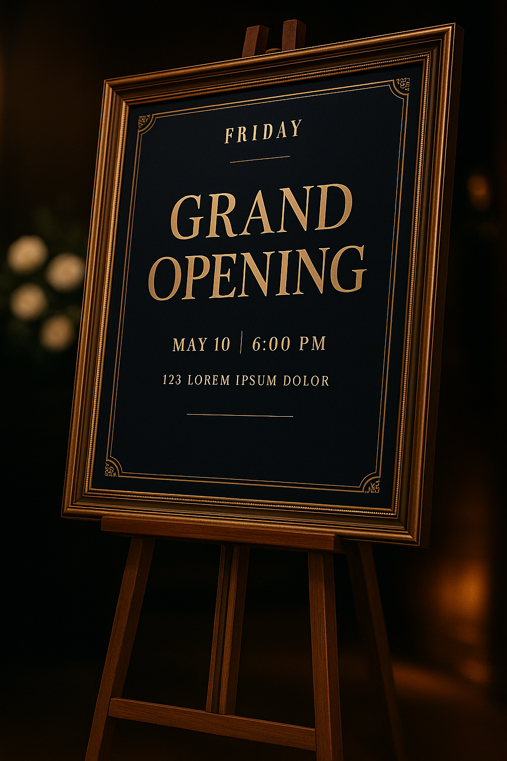 Grand opening signage on easel